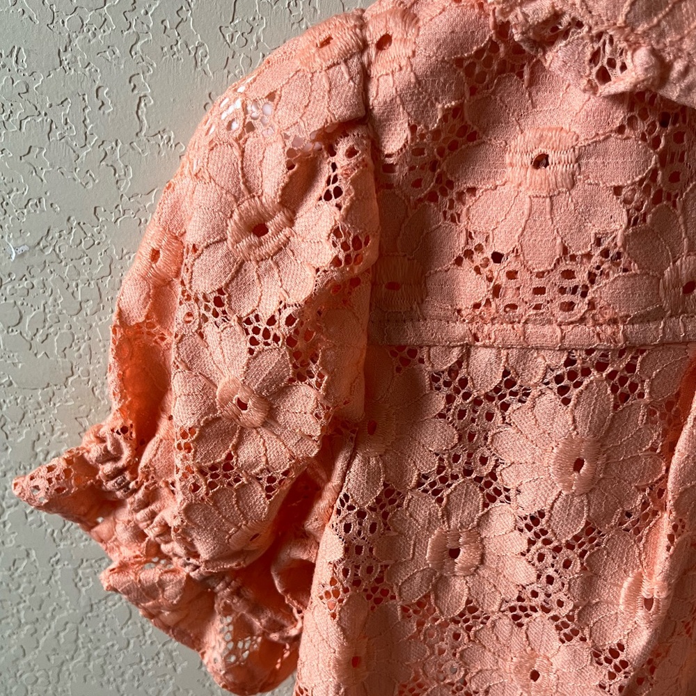 Pilcro Keira Lace Blouse by Anthropologie Womens Coral Collar Puff Sleeve Top XS - Picture 13 of 15
